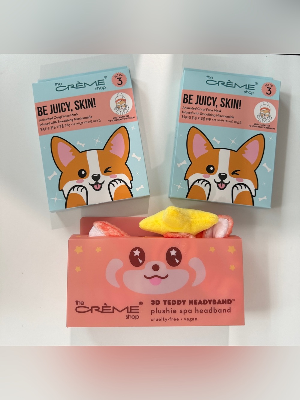 🌟 NIB The Crème Shop Corgi Face Mask Set & 3D Teddy Spa Headband Bundle 🌟